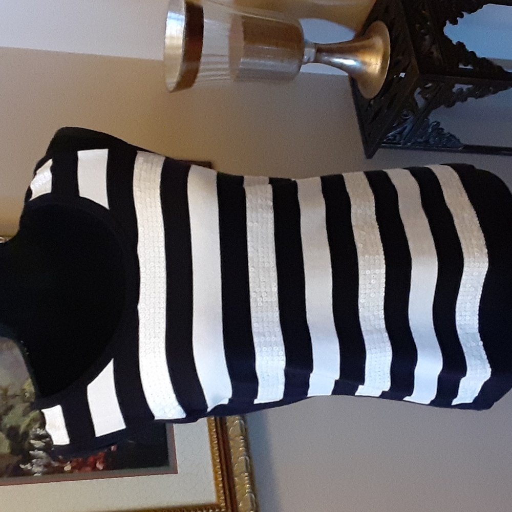 Evan Picone black white striped thin knit sequin sleeveless sweater tank M …EUC